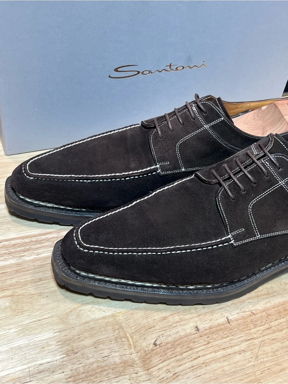 Santoni Dark Brown Suede Split Toe Derby Shoes Mens Sz 12D Vibram Soles 🇮🇹